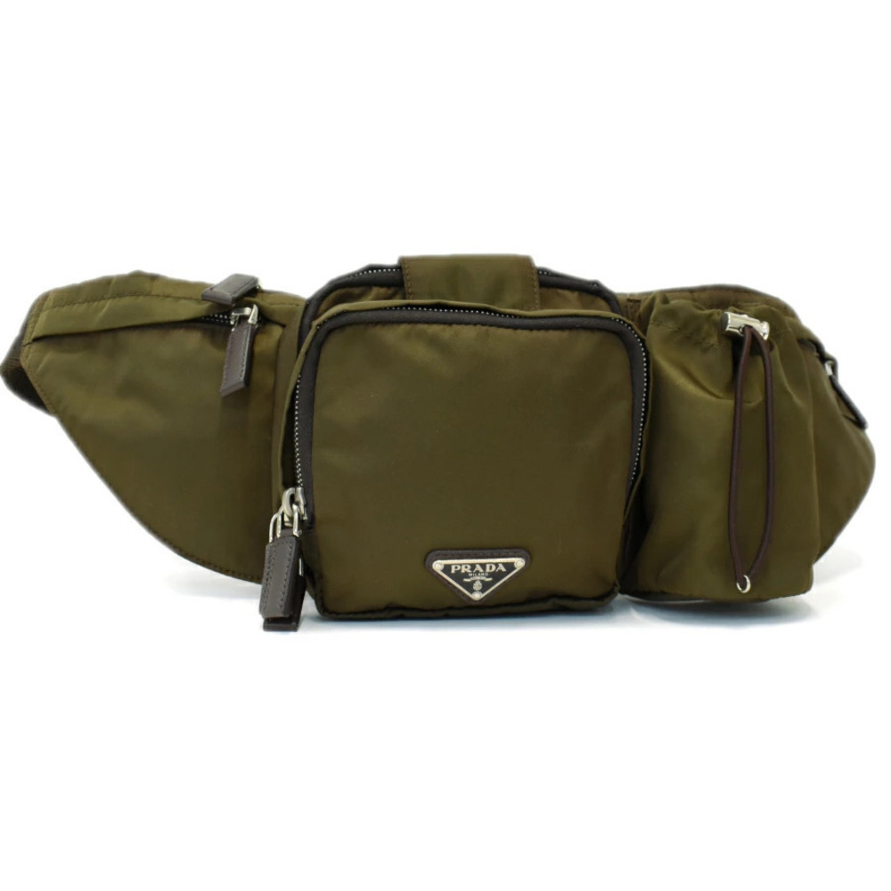 Prada Body Bag Waist Pouch Clutch TESSUTO SAFFIANO Khaki Green Triangle